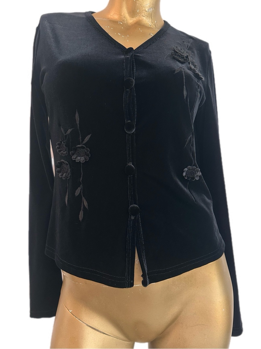 Vintage Y2K Bridge Black Stretch Velour 3D Floral Appliqué Cardigan Top 35” bust